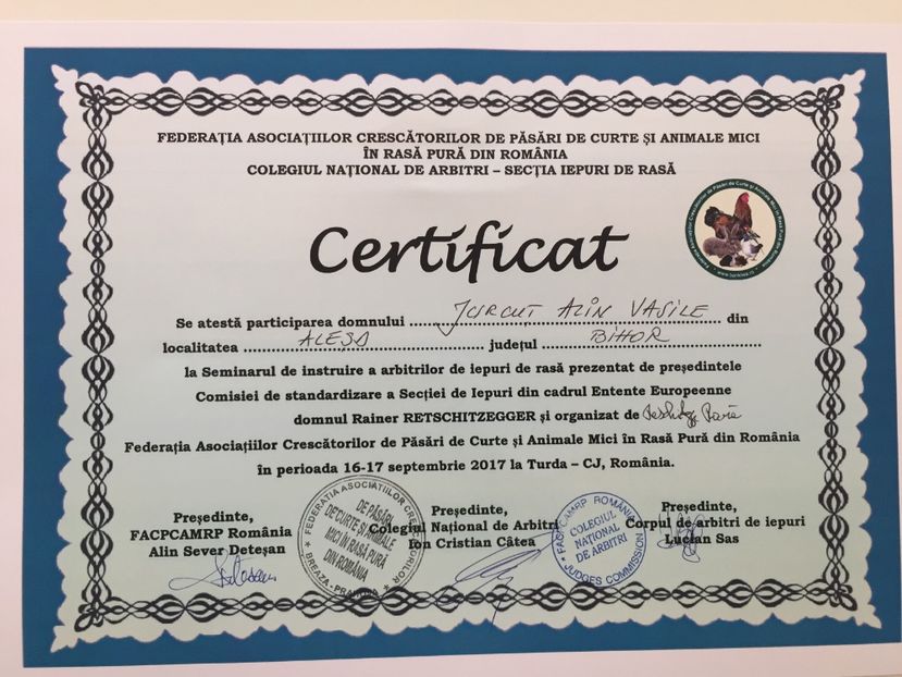 Certificat-Seminar de instruire 2017 - ARBITRU DE IEPURI