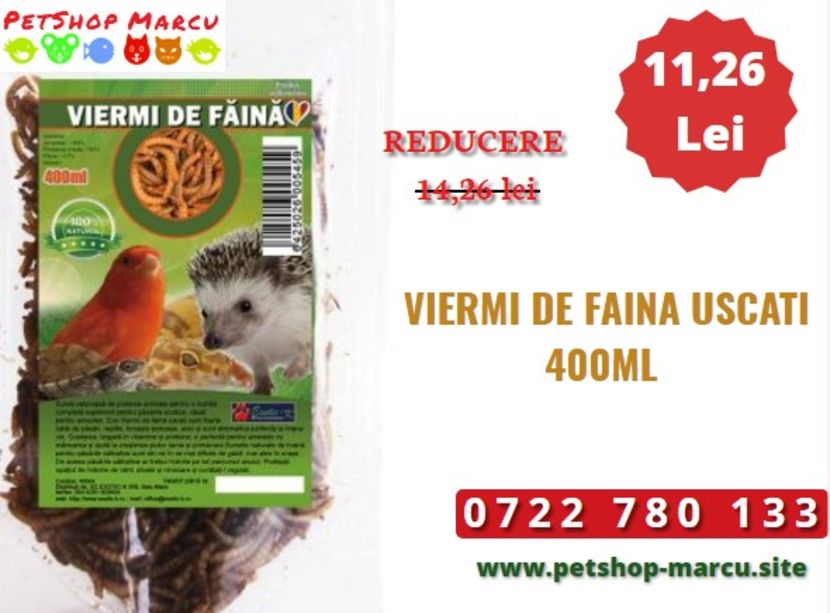 Viermi de Faina Uscati 400 ml - Hrana si Accesorii Pasari Exotice - Petshop Marcu