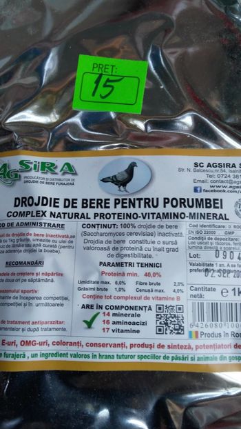 Drojdie de bere - DE VANZARE HRANA PREMIUM PORUMBEI zbor si reproducere