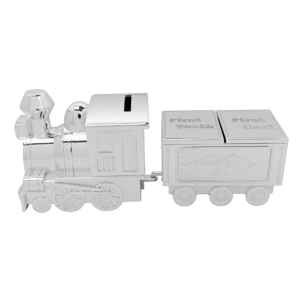 Trenulet argintat cu pusculita si caseta pentru suvita si dintisor CG404 - Cadouri pentru botez