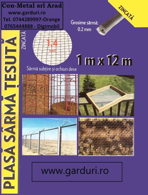 Plasa Tesuta din Sarma Zn  1.4x1.4x0.2 mm , H=1 m , tip plasa insecte , L=12 m - Produse