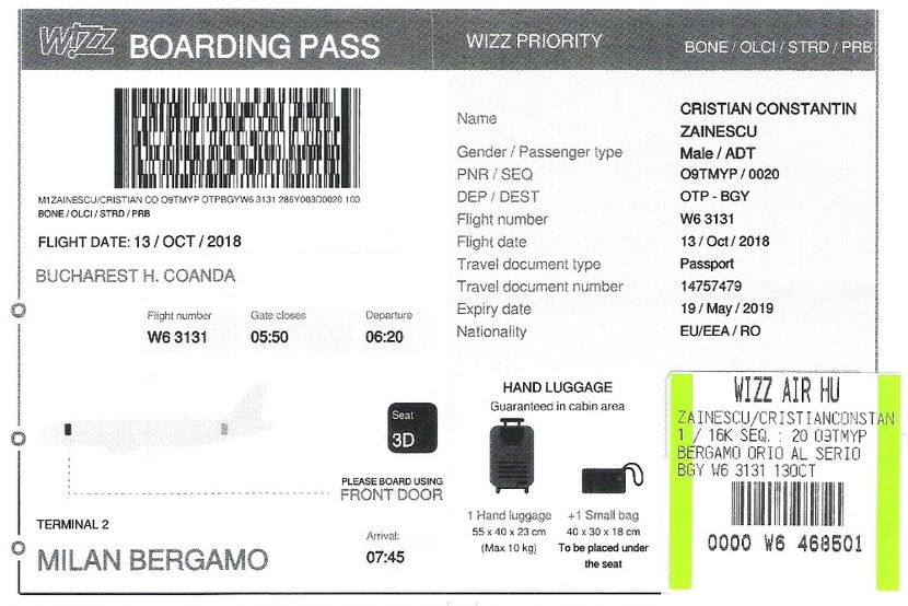 181013 Bilet Bucuresti Otopeni -  Milano Bergamo _0 - 2016-18 A