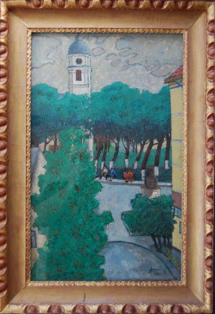 Grigore C.Ursu(1922-2009)-Parcul central cu Biserica Sfântul Ioan Nepomuk din Suceava  - Tablouri de vânzare_ _ _