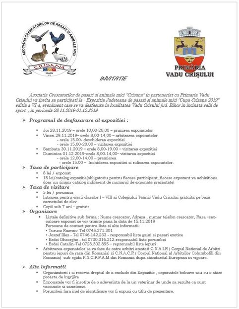 invitatie 2 - Expozitie de pasari si animale mici Cupa Crisana 2019