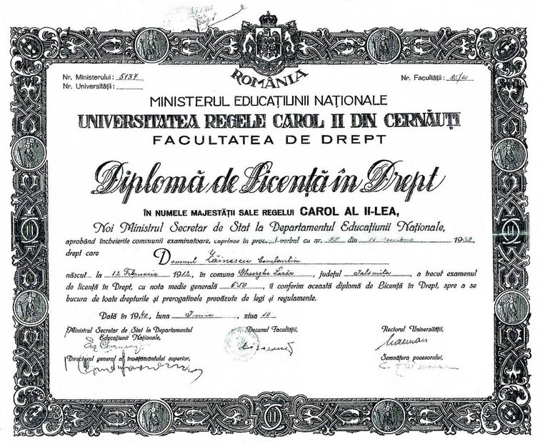 1939.11.15 CERNAUTI, CONSTANTIN B. ZAINESCU, DIPLOMA DE LICENTA 003 - 1-2 T