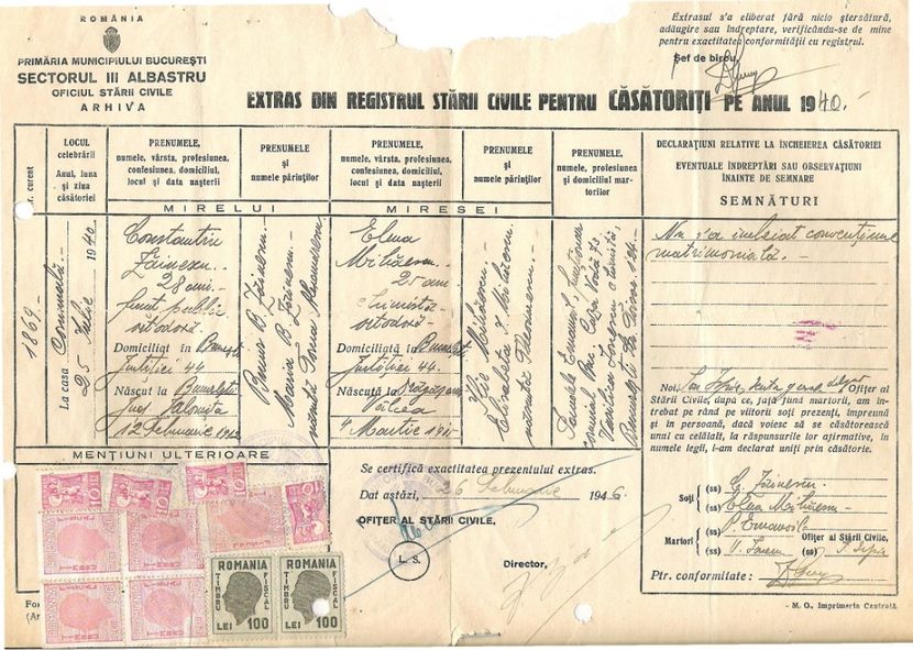 1940.07.25 BUC., C.SI EL.ZAINESCU, EXTRAS REG.ST.CIV.P.CASATORITI, 1946 - 1-2 T