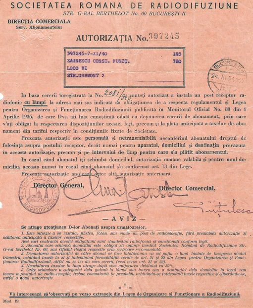 1940.11.07 BUC., C.ZAINESCU, AUTORIZATIE RADIO - 1-2 T