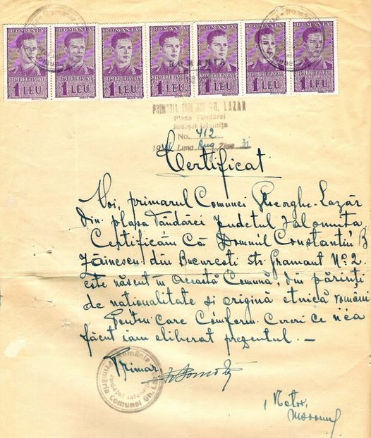 1941.08.31 GH.LAZAR, CERTIFICAT C.ZAINESCU - 1-2 T
