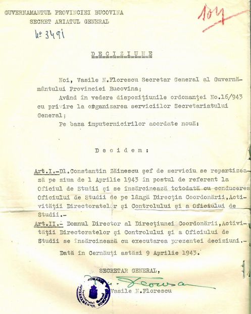 1943.04.09 CERNAUTI, DECIZIUNE 3491, VASILE N.FLORESCU - 1-2 T