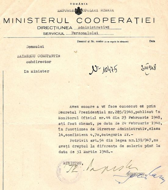 1948.03.02 BUC., NR.10475, C.ZAINESCU DIRECTOR IN MIN.COOPERATIEI, DECRET 285, M.OF.44 DIN 1948.02.2 - 1-2 T