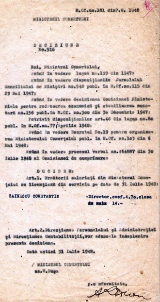 1948.07.31 BUC., C.ZAINESCU, DECIZIUNEA 516 MIN.COMERTULUI, LICENTIERE DIN SERVICIU, M.OF.181 DIN 7. - 1-2 T