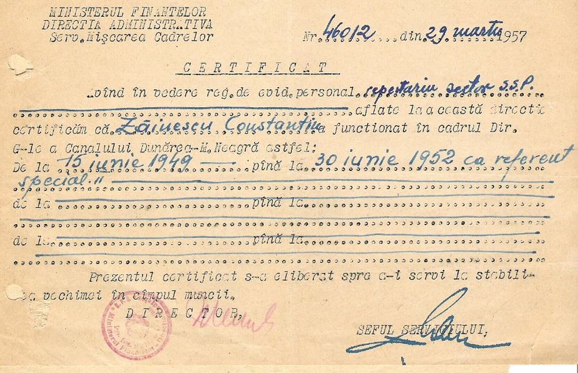 1949.06.15-1952.06.30 C.ZAINESCU REFERENT SPECIAL II LA CANALUL DUNARE-M.NEAGRA [CERTIF.46012 DIN 29 - 1-2 T