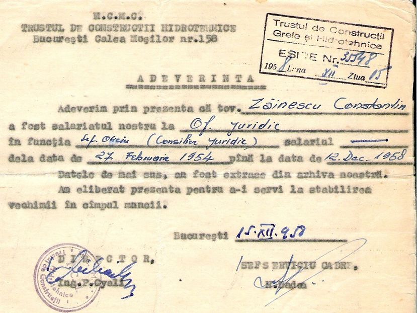 1954.02.27-1958.12.12 BUC., C.ZAINESCU, SEF OFICIU JURIDIC, CONSILIER JURIDIC, TCH C.ZAINESCU - 1-2 T