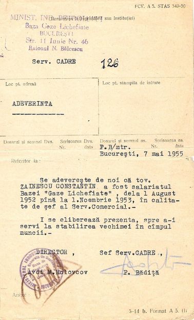 1955.05.07 BUC., C.ZAINESCU SEF.SERV.COMERCIAL, BAZA GAZE LICHEFIATE 1 AUG.1952-1 NOV.1953 - 1-2 T