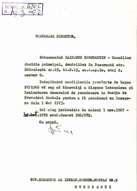 1973.03.22 BUC., C.ZAINESCU, CERERE DE PENSIONARE - 1-2 T