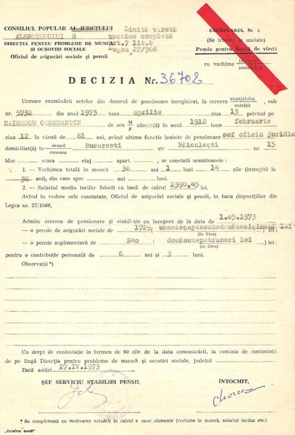 1973.04.27 BUC., C.ZAINESCU, DECIZIA DE PENSIONARE 36702 - 1-2 T