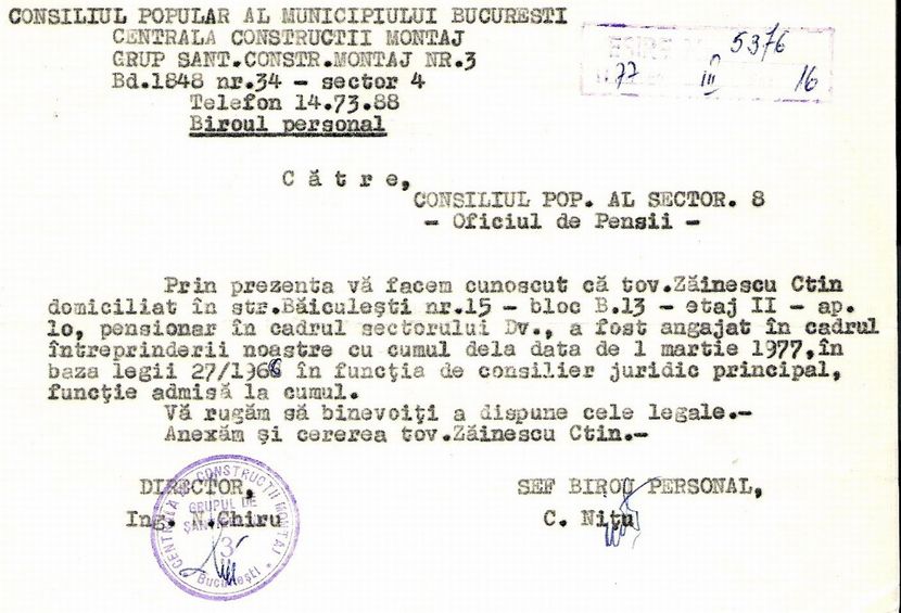 1977.03.16 BUC., C.ZAINESCU, REANGAJARE - 1-2 T