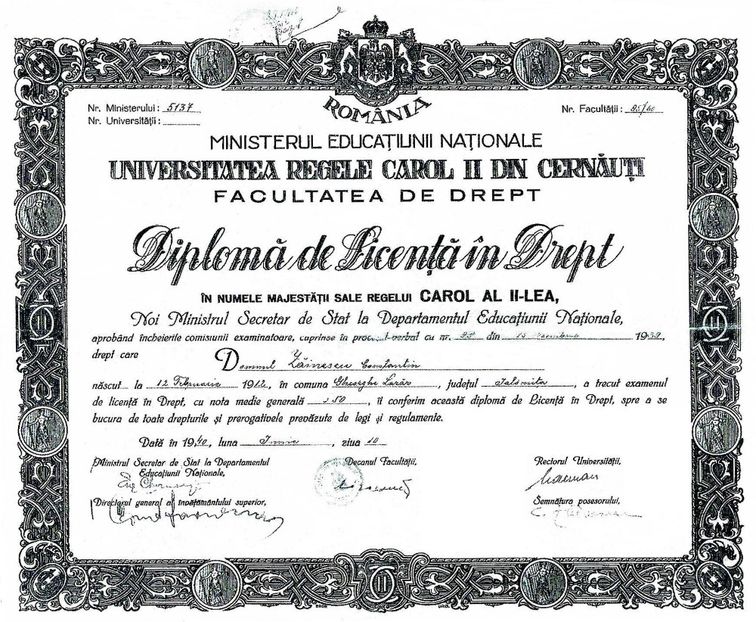1939.11.15 CERNAUTI, CONSTANTIN B. ZAINESCU, DIPLOMA DE LICENTA 003 - 1-2 T