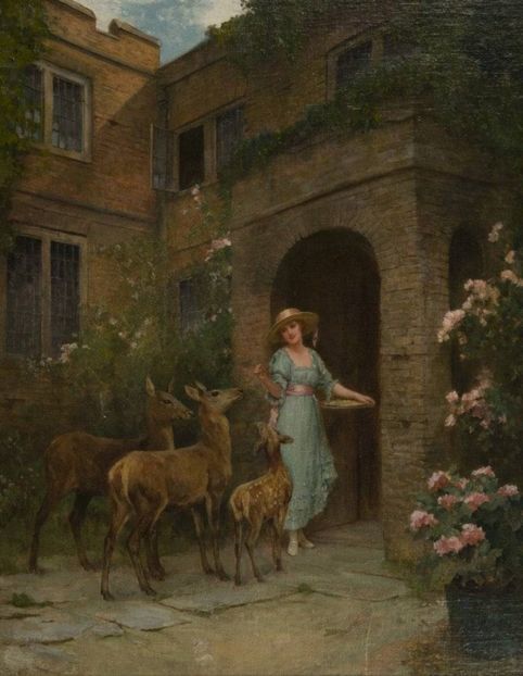 Lady in a garden with deer by Arthur Wardle (English, 1864–1949) - Tulsa Jesus Freak