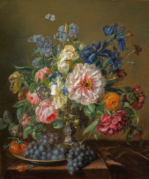 Still-life with peonies, roses, tulips and ranunculus, 1850 by Adriana Johanna Haanen (Dutch, 1814–1 - Tulsa Jesus Freak