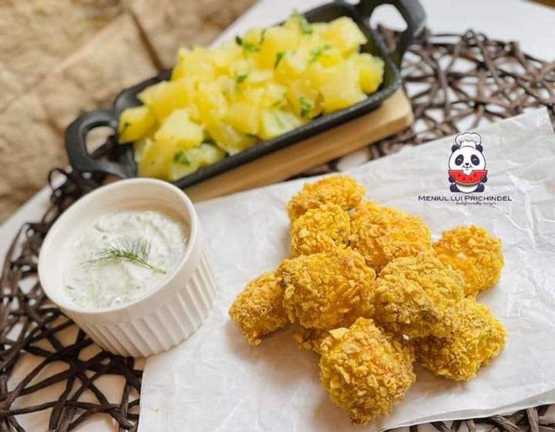  - Crispy nuggets de somon cu cartofi natur si sos de iaurt