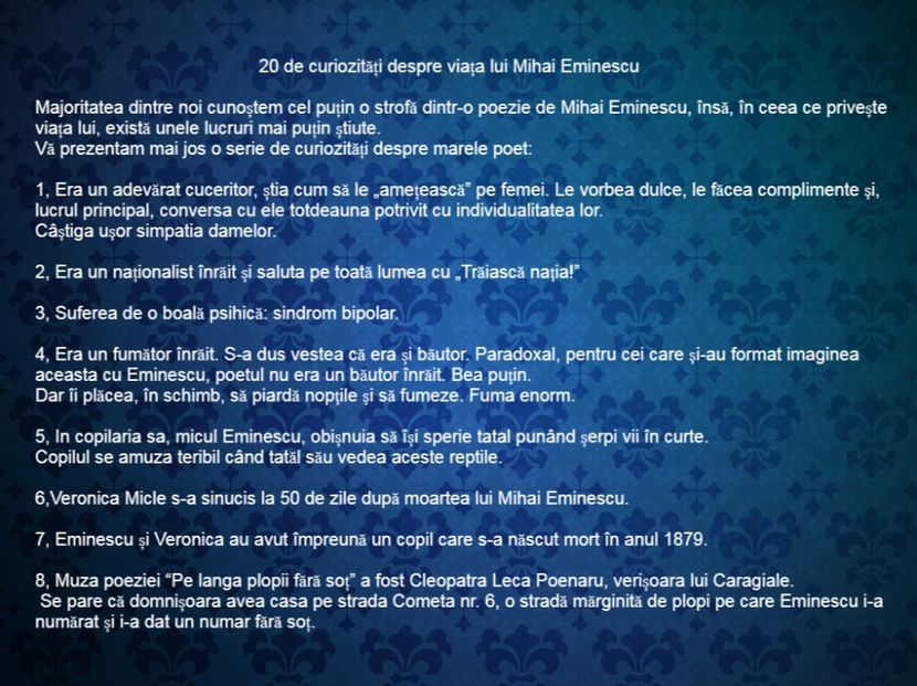 20 de curiozitati despre viata lui Mihai Eminescu - Curiozități