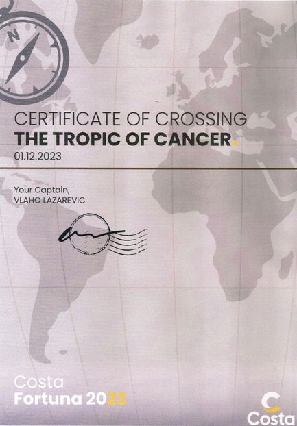 20231201 Certificat traversare a Tropicului Racului - 2023 CROAZIERA IN CARAIBE-CANARE-MEDITERANA DE VEST
