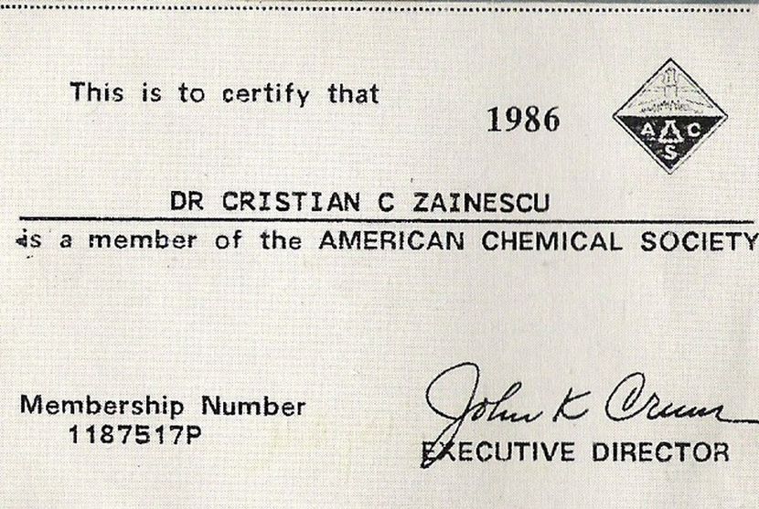 Carte de membru al American Chemical Society, iulie 1986 - 2025 MEMBRU ONORIFIC AL ASOCIATIEI RADU Z TUDOSE - CONDUCATORUL MEU DE DOCRORAT