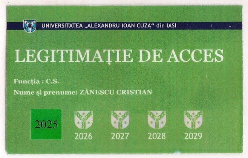 Legitimație Casa Universitarilor Iași (2025-2029) C.S. Zănescu Cristian - 2025 MEMBRU ONORIFIC AL ASOCIATIEI RADU Z TUDOSE - CONDUCATORUL MEU DE DOCRORAT