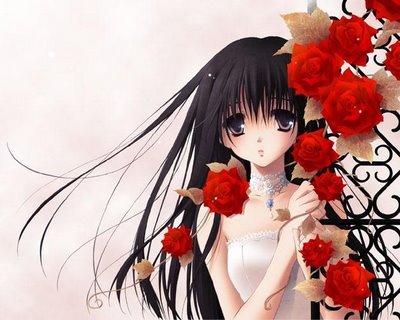 lonely_anime_girl_and_red_roses - poze anime