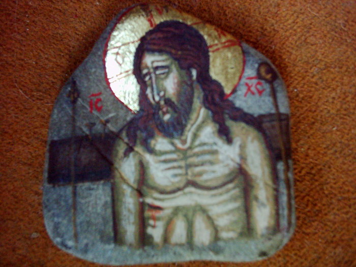 Coborarea de pe cruce (detaliu); icoana piatra, tempera cu ou
