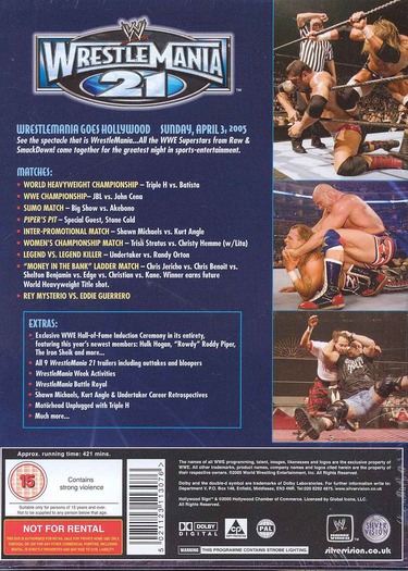 WWE WrestleMania 21 DVD Cover (back) - wrestling