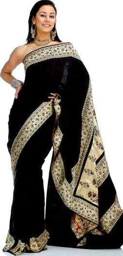 black_satin_valkalam_sari_with_brocaded_border_fr26 - Imbracaminte indiana - Sari
