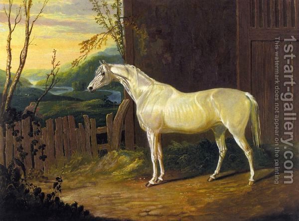 A-Gray-Arab-Mare-Outside-A-Stable-In-An-Extensive-River-Landscape - John Frederic Herring