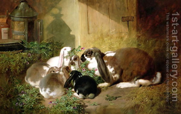 A-Lop-Eared-Doe-Rabbit-With-Her-Young - John Frederic Herring