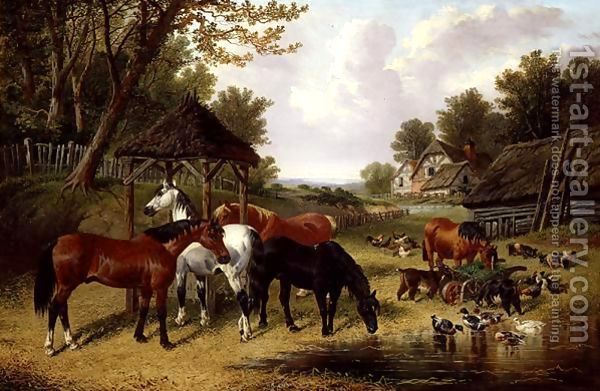 Horses-By-A-Farmyard-Pond