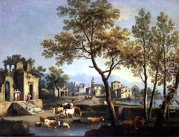 A-Village-Street-With-Peasants-And-Cattle - gianbattista cimaroli