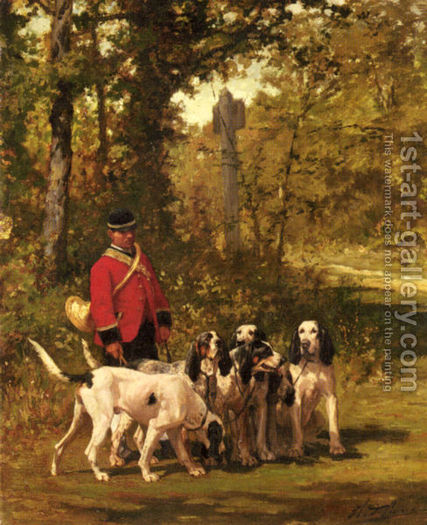 A-Huntmaster-With-His-Dogs-On-A-Forest-Trail - charles oliver de pene