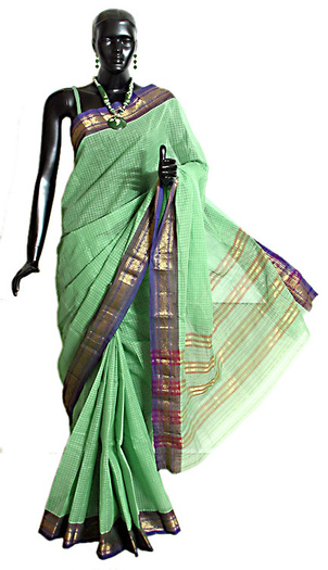 green-narayanpet-sari-with-fine-checks-and-zari-BI31_l - haine care poarta indiencele