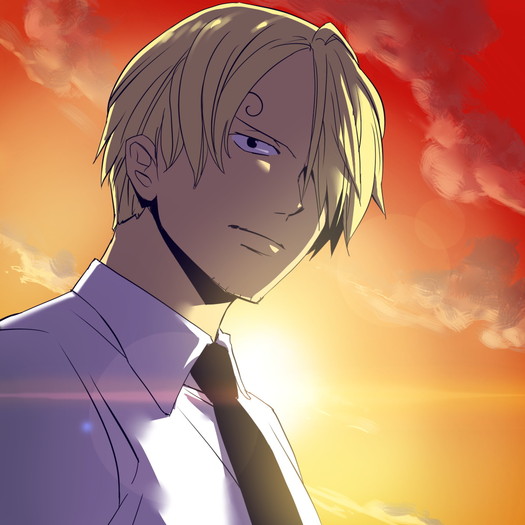 blonde_hair hair_over_one_eye highres hinoe male necktie one_piece sanji stubble sunset - One Piece SanJi