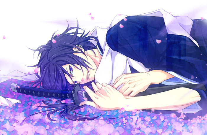 konachan-com-73713-hakuouki_shinsengumi_kitan-japanese_clothes-katana-kimono-petals-purple_eyes-purp - Hajime Saito