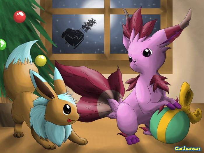 Eevee_and_Leafeon_Christmas_by_Cachomon[1] - leafeon