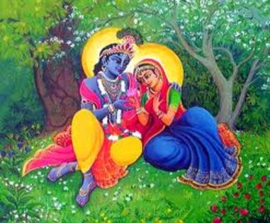 krishna si radha; krishna si sotia lui radha stau sub un copac
