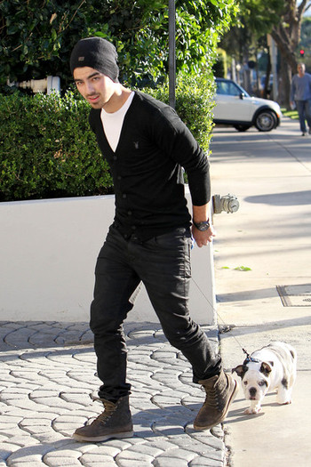 Joe+Jonas+carries+new+English+bulldog+puppy+tUsSog3k1gzl - Joe Jonas and His New Puppy on a Walk