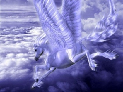 pegasus; Pegasus, cu aripi de cal, zboară prin nori. De culoare albă din Pegasus este diluat între violet ton
