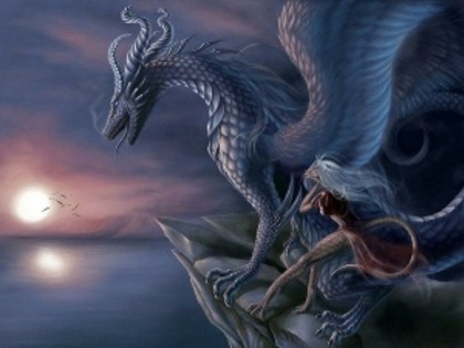 dragon; Un puternic şi zmeesc mici zmeesc doamnă, cu parul si eleganta rochie, arata la orizont. Sunt pe o p

