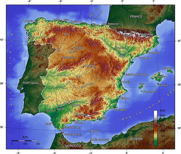 SPANIA-Harta fizica - SPANIA