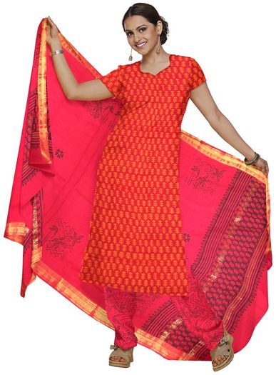 Rapid-printed-cotton-handloom-top-with-zari-border-printed-dupatta - Sari-uri