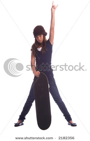 stock-photo-young-skater-girl-posed-with-a-skate-board-wearing-jeans-a-blue-shirt-and-brown-brimmed-