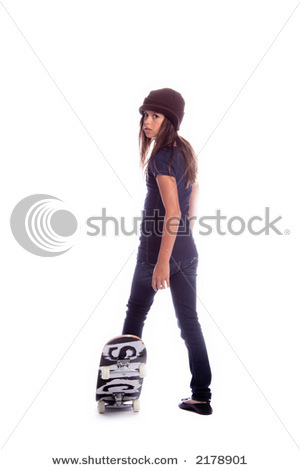 stock-photo-young-skater-girl-riding-on-a-skate-board-wearing-jeans-a-blue-shirt-and-brown-brimmed-k - YOU LOVE ME